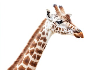 Giraffe Portrait on White Background Showing Neck and Head Details