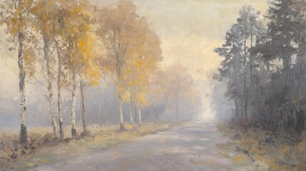 Misty autumn road through birch and pine forest.