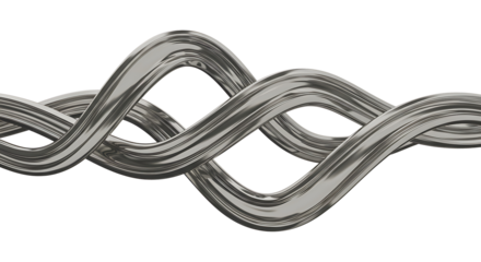 Metallic twisted line 3D shape isolated. Futuristic chrome metal spring element banner, abstract tangled curved metal spiral line frame border
