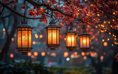 Warm lanterns glow in autumnal twilight