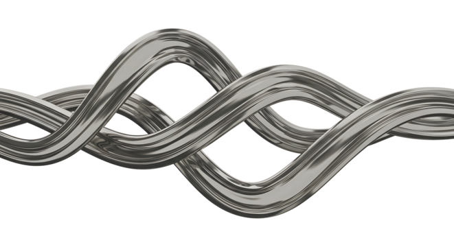 Metallic twisted line 3D shape isolated. Futuristic chrome metal spring element banner, abstract tangled curved metal spiral line frame border
