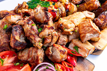 Delicious grilled meats and vegetables from a summer barbecue