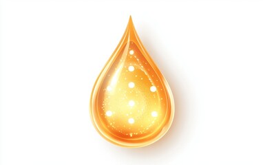 Golden serum drop, glowing particles, isolated on white