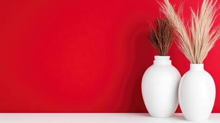 Two white vases with dried pampas grass on a red background