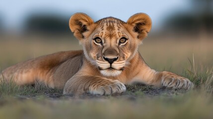 Fototapeta premium Lion cub, resting in the savanna