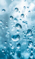 Close-up water droplets on glass, sky background, abstract