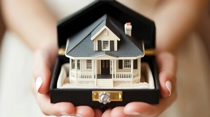Miniature home in a gift box, held gently in hands