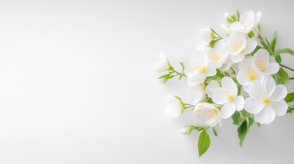 Obraz premium A cluster of delicate white jasmine blossoms with green leaves rests on a white background. The image is well-lit, showcasing the flowers details. The style is minimalist and serene. Soft white tone