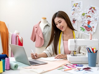 Fashion designer sketches designs in studio with sewing machine laptop and accessories