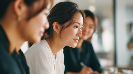 和やかなカンファレンス、セミナーまたはミーティングで傾聴するオフィスカジュアルな装いの30代, 40代のアジア人女性