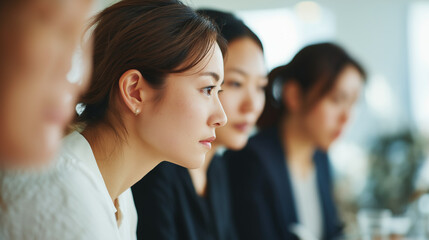 カンファレンス、セミナーまたはミーティングで真剣な表情で傾聴するオフィスカジュアルな装いの30代, 40代のアジア人女性