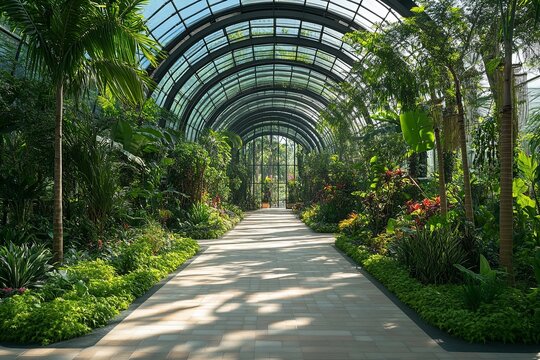 A long path leads through a beautiful green indoor garden