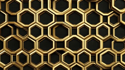 Abstract geometric pattern of golden hexagons on a black background