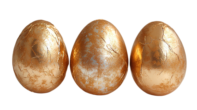 three golden eggs sitting next to each other