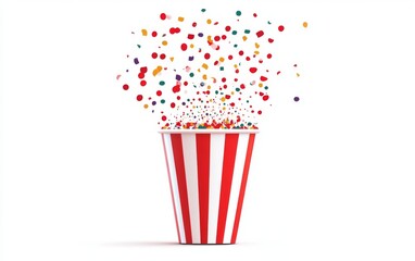 Colorful confetti erupting from a striped popcorn container on a white background