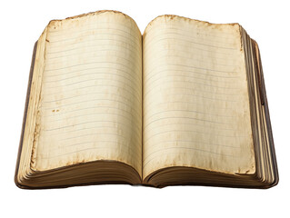 Open, aged book with lined pages and vintage brown binding on transparent background