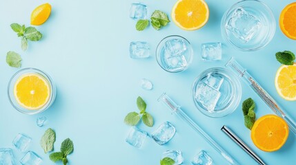 Fresh Citrus Drink Preparation with Ice, Mint Leaves, and Orange Slices on Light Blue Background