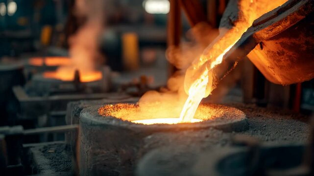 Pouring molten into foundry mold in a aluminium casting factory
