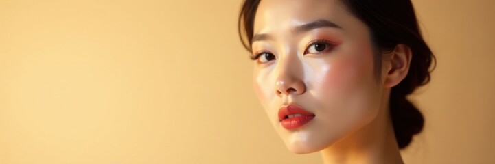 Elegant Asian woman with glowing makeup against soft beige background, skin care, beauty tips