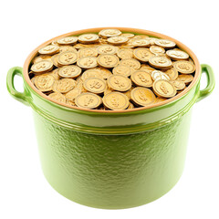 Pot overflowing with coins of various denominations symbolizing wealth, savings, and financial prosperity in a simple setting isolated on transparent background..
