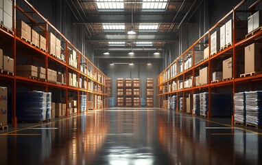 Fototapeta premium Futuristic automated warehouse with high racks and precision storage solutions, showcasing innovation in supply chain, inventory, and industrial automation 