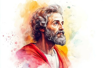 A Watercolor Portrait Depicting An Older Man Looking Thoughtfully Upward