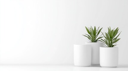 Obraz premium Three potted plants sit on a white surface against a white background. The plants are small and green, in simple white cylindrical pots. The image is clean and minimalist, high resolution, with even