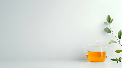 Glass Teapot with Tea and Leaves on White Background