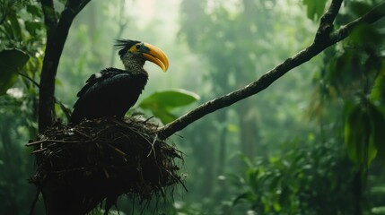 Fototapeta premium Bird perched in a nest in lush rainforest