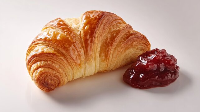 A freshly baked croissant with butter and jam. Featuring classic French pastries