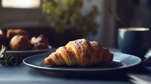 A freshly baked croissant with golden layers and a buttery finish. Featuring indulgence and elegance