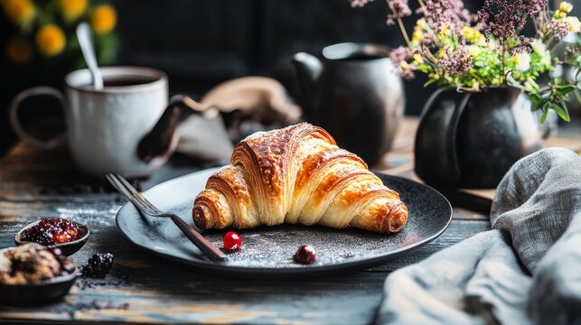 A freshly baked croissant with golden layers and a buttery finish. Featuring indulgence and elegance