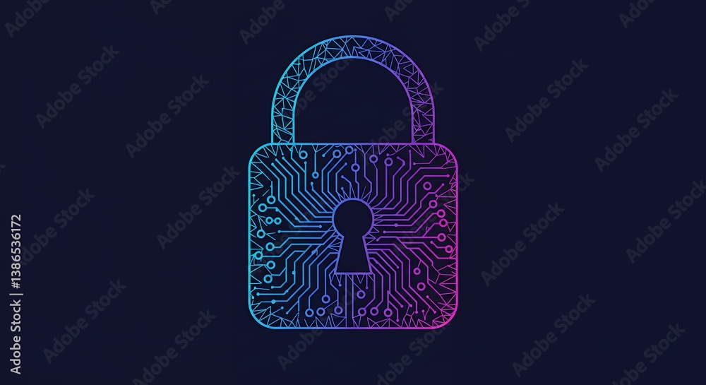 Poster digital security concept with a padlock featuring circuit board pattern, representing data protectio