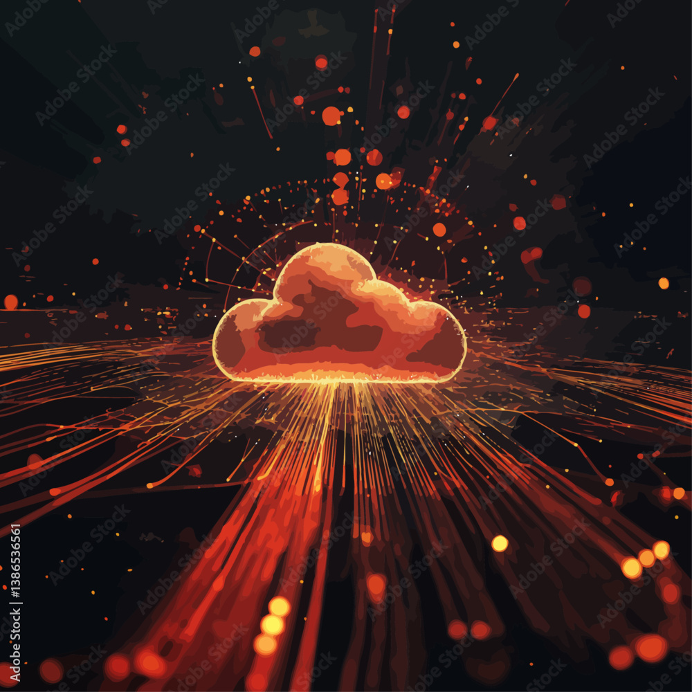 Poster glowing cloud computing network with data stream in red
