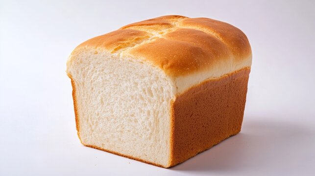 A freshly baked loaf of bread with a slice cut open showing soft, airy interior. Featuring homemade bread