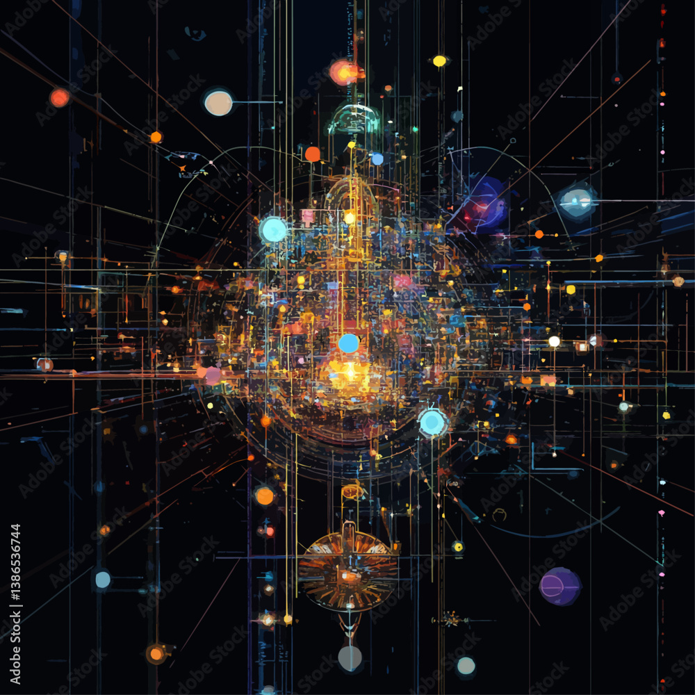 Poster complex network data visualization with glowing nodes and lines on black background