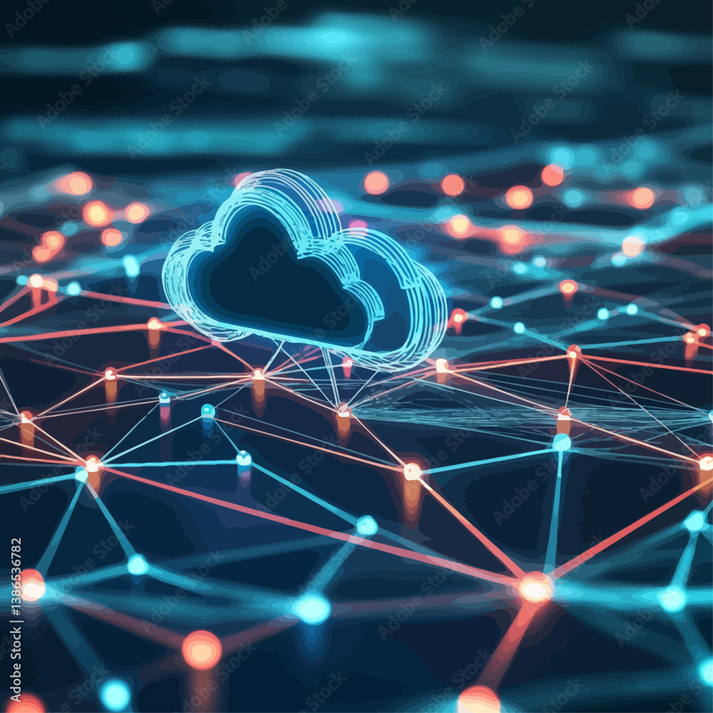 Poster cloud computing network with interconnected nodes and glowing lines