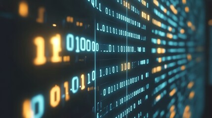 Obraz premium Abstract binary code background with glowing light spots and pixelated effect, representing digital technology, data processing, and cyberspace, with space for copy or text placement