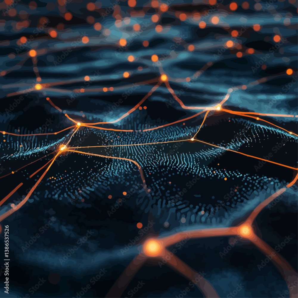 Poster abstract network connection with orange glowing dots on blue, digital data visualization