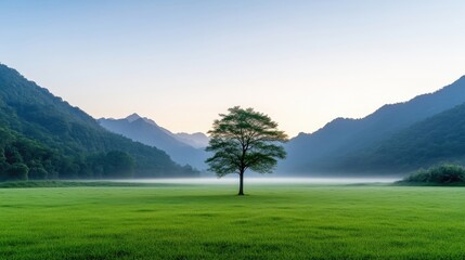 Lone Tree in Valley Mist Serene Landscape High-Definition Vibrant Wide Shot Misty Green Field Tranquility Scenic View Calm Blue Hues Nature Photography