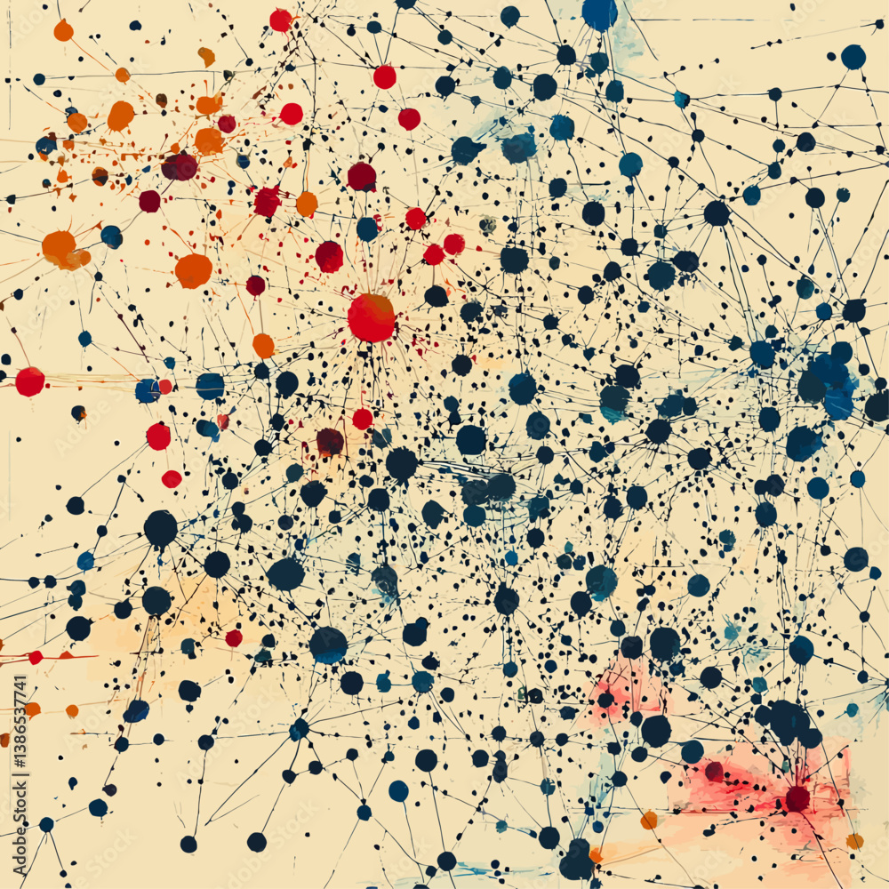 Poster abstract network of interconnected dots and lines with textured background.