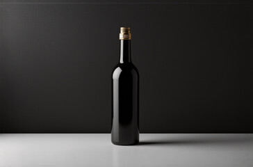 Sleek black bottle stands elegantly against dark backdrop, casting soft shadow on white surface. Gold cork seals bottle.