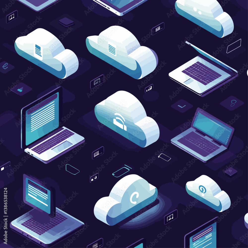 Poster cloud computing isometric pattern with laptops and digital devices
