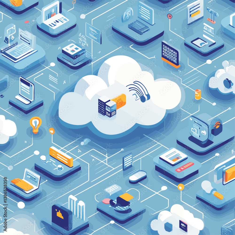Poster cloud computing network technology connecting devices with data flow