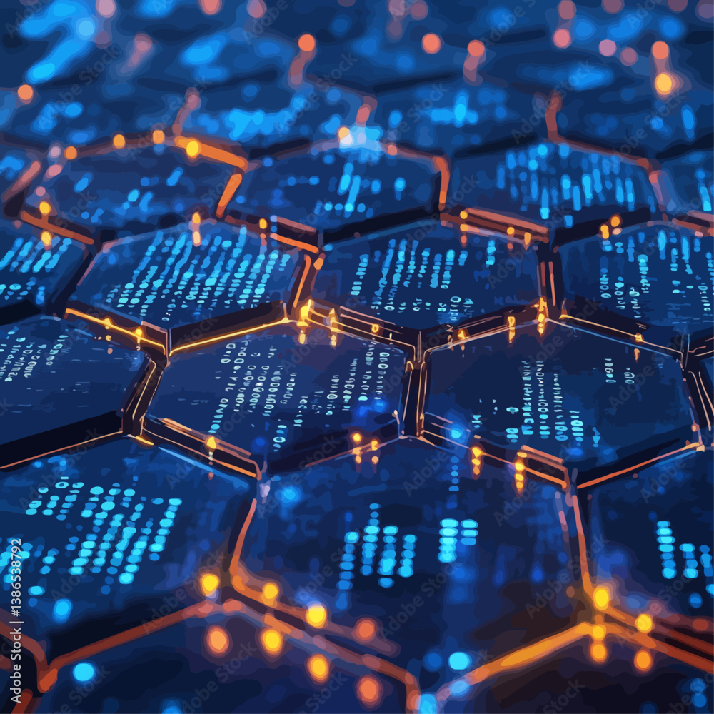 Poster hexagonal grid of data stream with glowing edges for technology concept