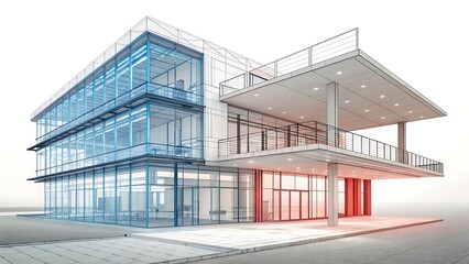Architectural visualization of a modern building with glass facade and cantilevered balconies shown