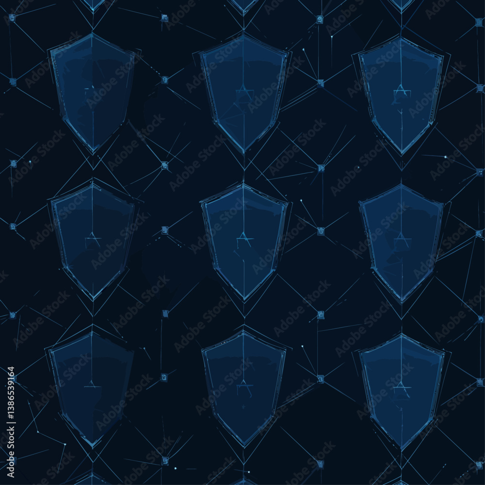 Poster digital network security shield with blockchain connections