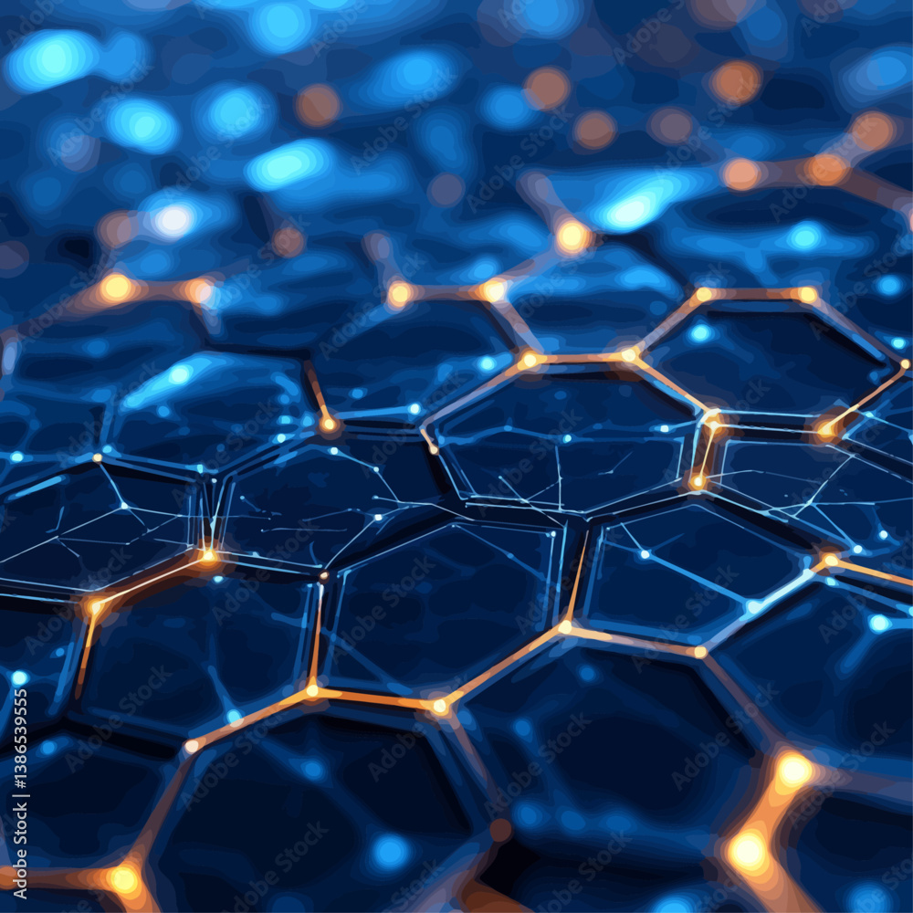 Poster abstract honeycomb structure with interconnected nodes and glowing connections.