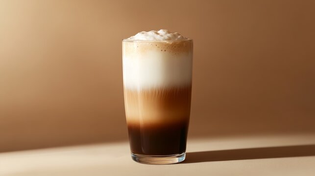 A freshly brewed cup of coffee with a layer of frothy milk. Featuring coffee drinks