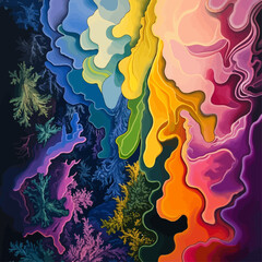 Abstract landscape painting with layered colors and organic shapes